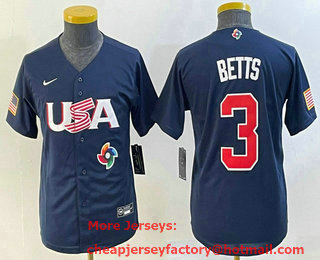 Youth USA Baseball #3 Mookie Betts 2023 Navy World Classic Stitched Jersey 04